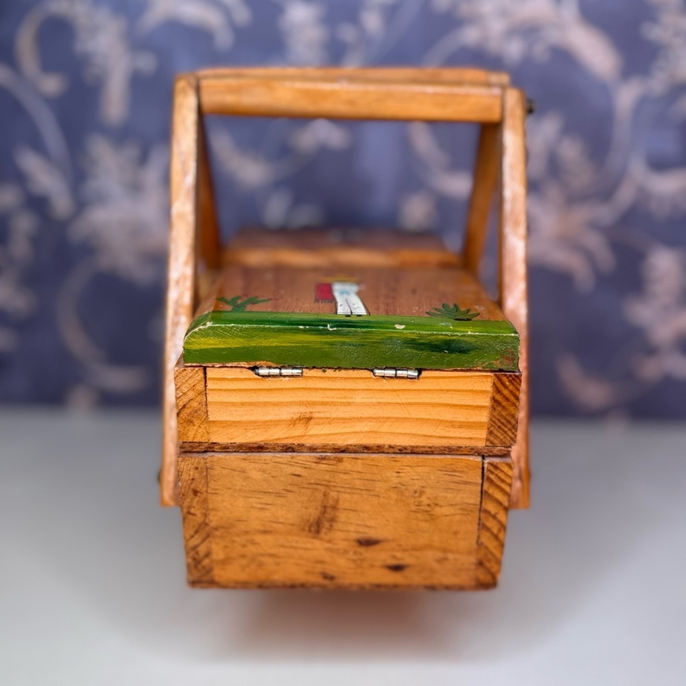 Vintage Mexican Folk Art Two Tier Wooden Sewing Box - Picture 9 of 13